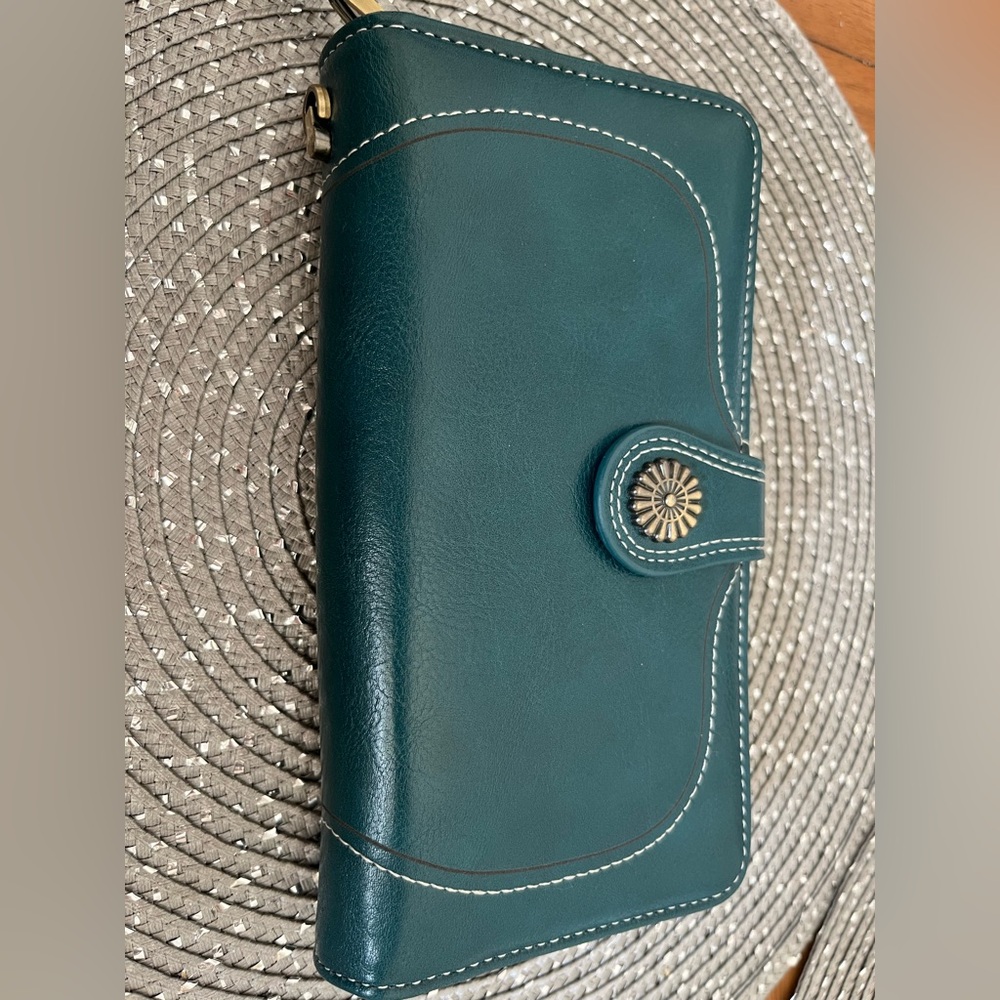 Teal Leather Wristlet Wallet with Flower Button Detail New